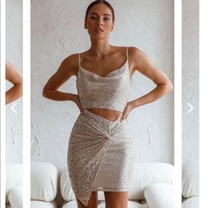 Selfie Leslie MIAMI NIGHTS COWL NECKLINE TWIST FEATURE MINI DRESS SEQUIN BEIGE